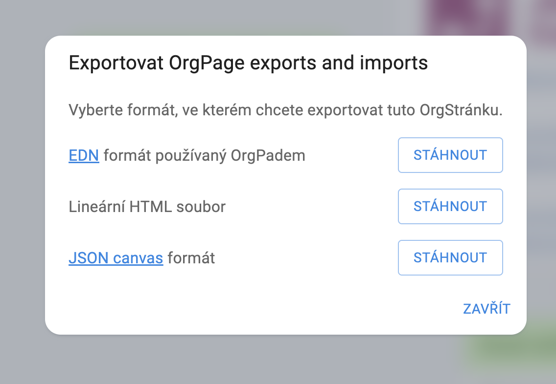 Dialog pro export OrgStránky