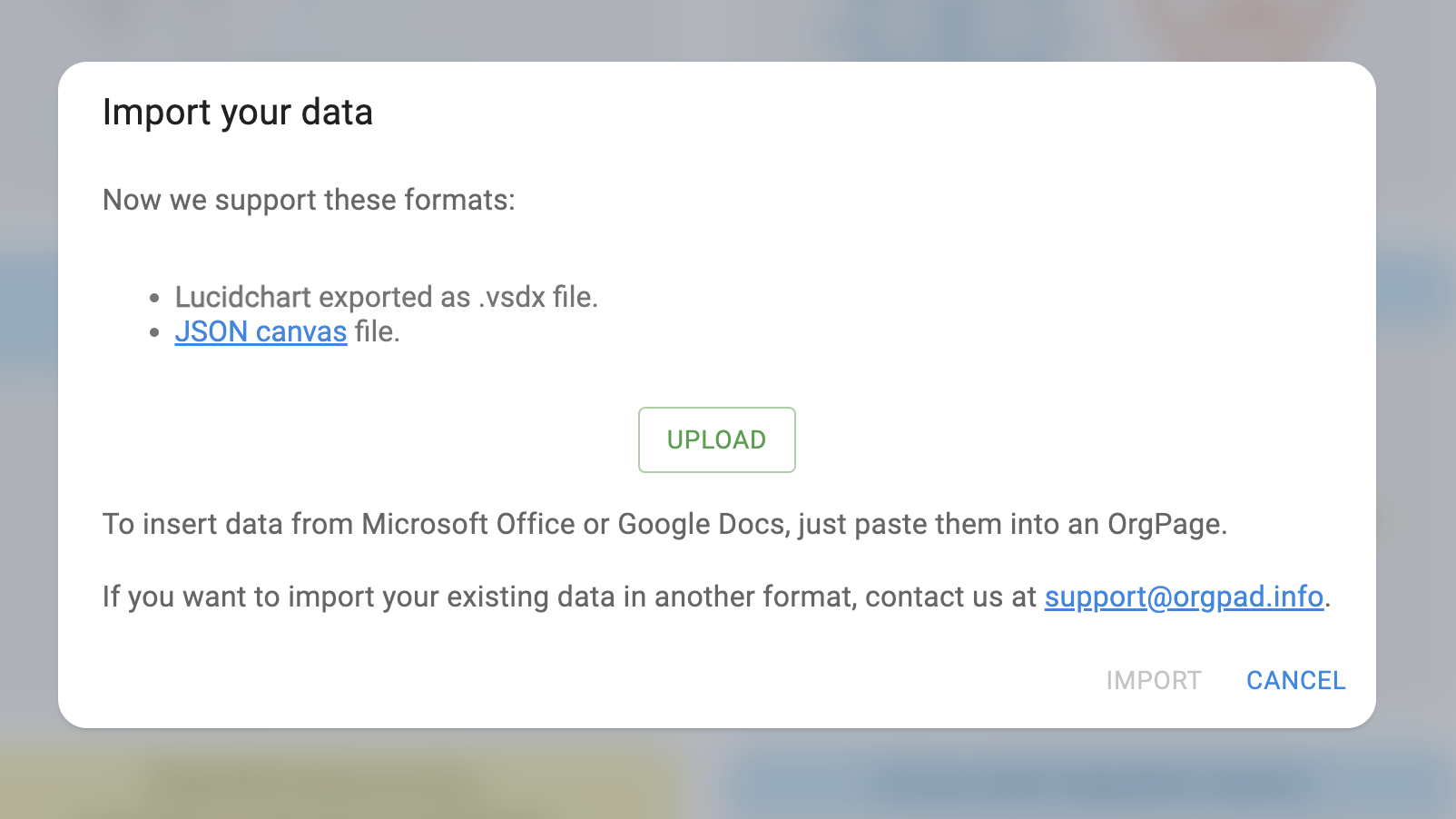 The dialog for importing an OrgPage